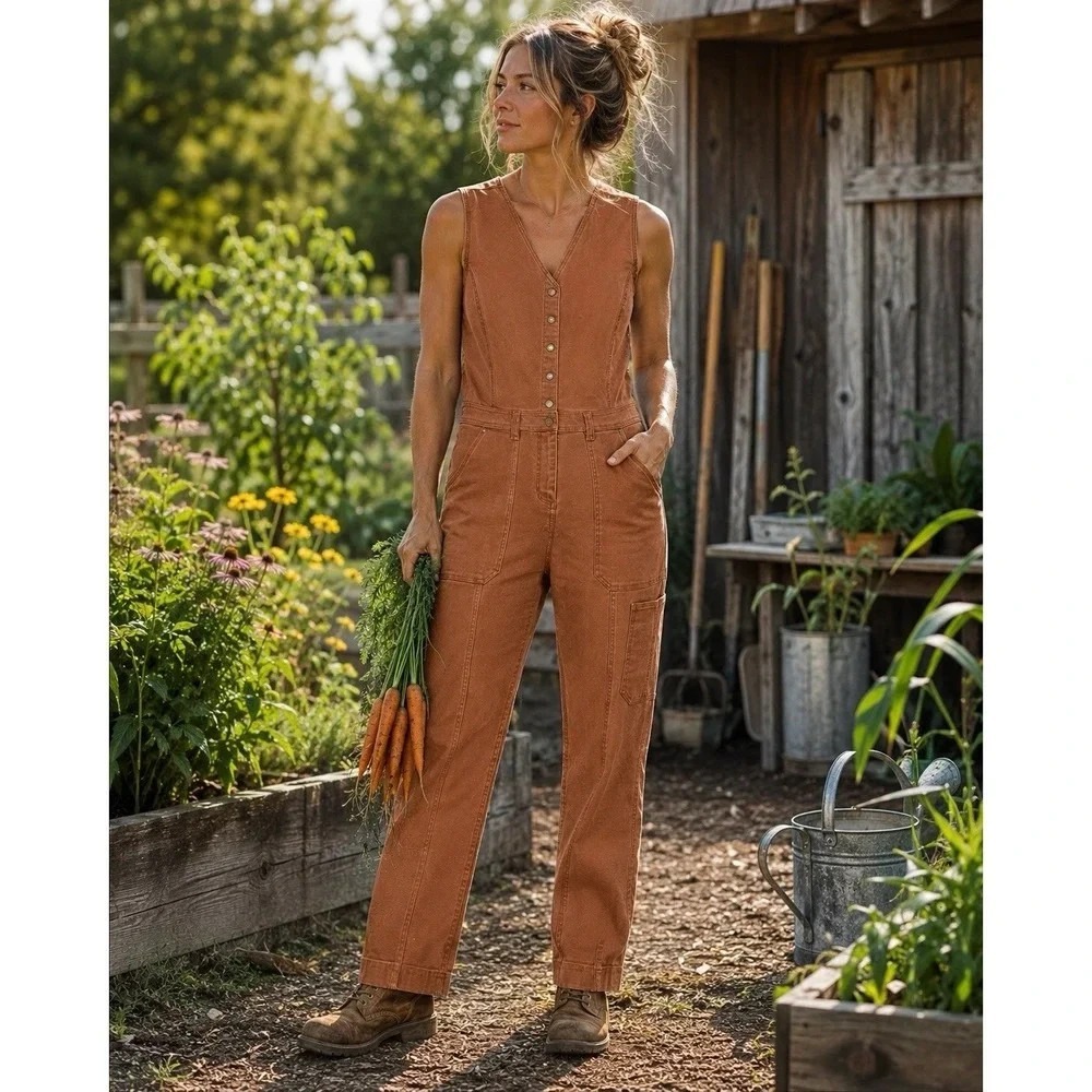 Duluth Trading Co Womens‎ Canvas Jumpsuit Sleeveless Workwear Rust Brown Size 16
